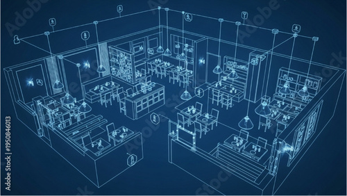 Modern Restaurant Interior Lighting Layout, Architectural Blueprint, CAD 3D Plan, Isolated on White Background