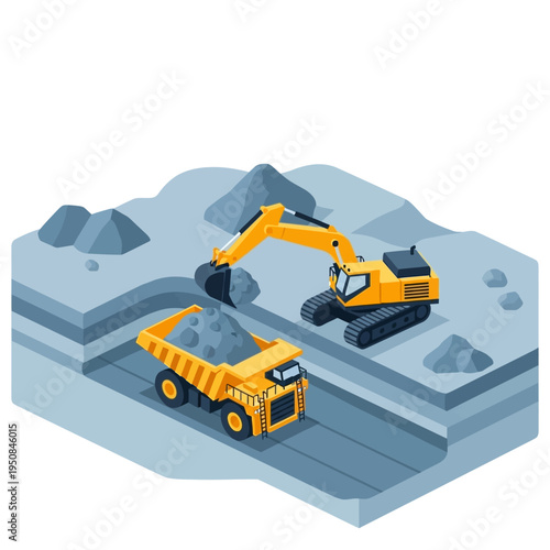 An isometric illustration depicts a yellow excavator loading dirt into a yellow dump truck at a construction or mining site.