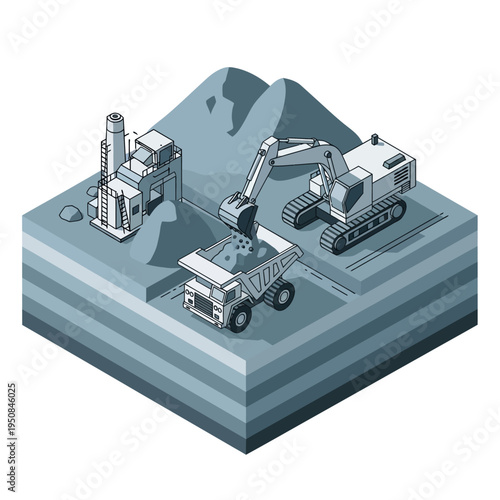 Isometric illustration of an open-pit mine with an excavator loading a dump truck, showcasing industrial mining operations and heavy machinery.