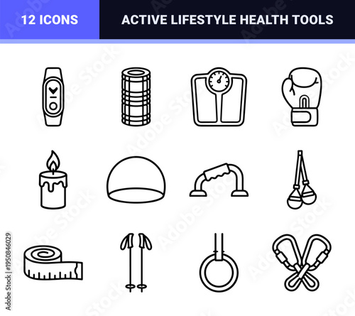 Fitness and exercise workout equipment neo line art technical monoline symbols with sleek minimalist stroke.