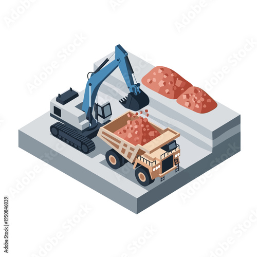 An excavator loads a large dump truck with material at a construction or mining site, with piles of material in the background.