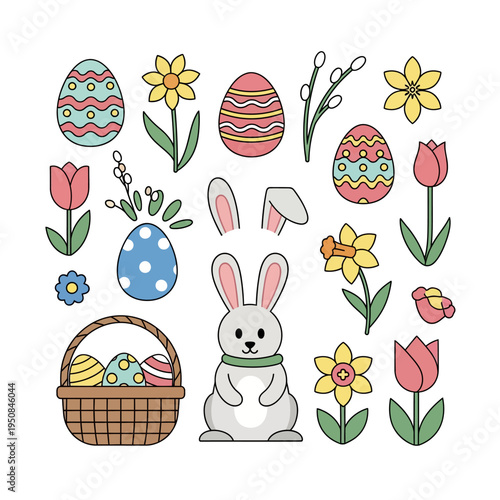 Set of Easter holiday vector elements including a white bunny, decorated eggs with patterns, a wicker basket, spring flowers like tulips and daffodils, and pussy willow on white.