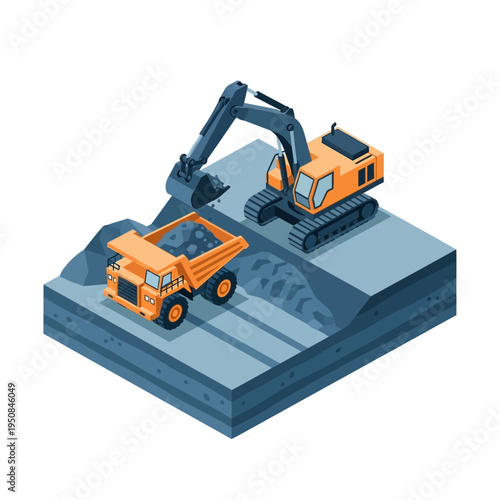 An excavator loads a dump truck with material in a construction or mining site, illustrating heavy machinery in action.