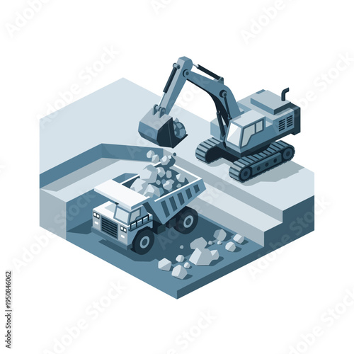 Isometric illustration of an excavator loading rocks into a dump truck at a construction site.