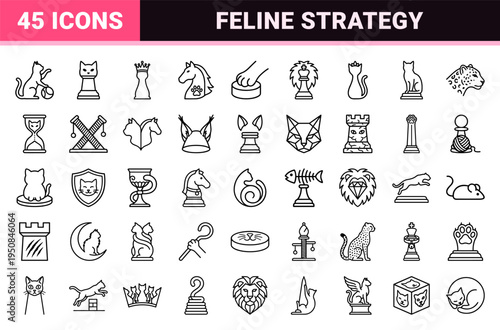 Feline themed chess pieces and strategic board game elements in sleek technical monoline outline aesthetic.