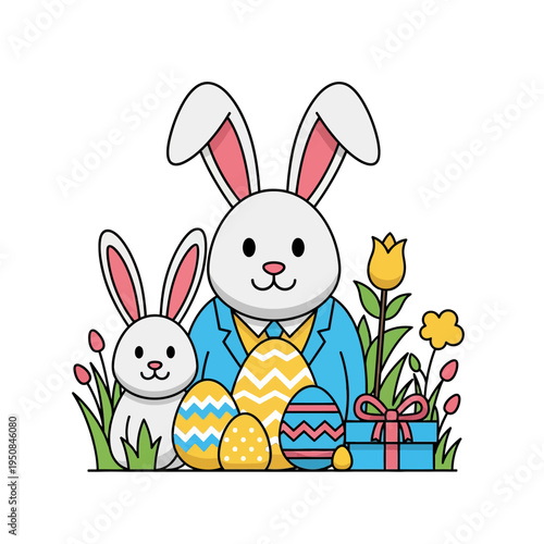 Cartoon illustration of a white rabbit family with a large bunny in a blue blazer and a small bunny, featuring patterned Easter eggs, a gift box, and yellow flowers on white.