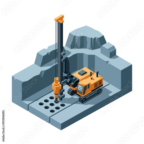 An isometric illustration of a drilling rig excavating holes in a quarry or construction site.