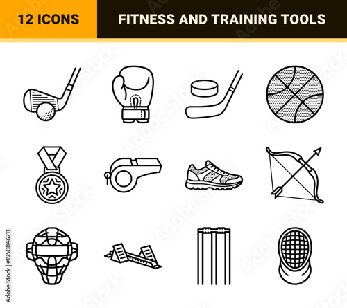 Athletic equipment and sports gear for competitive fitness training featuring technical monoline art and sleek minimalist black outlines.