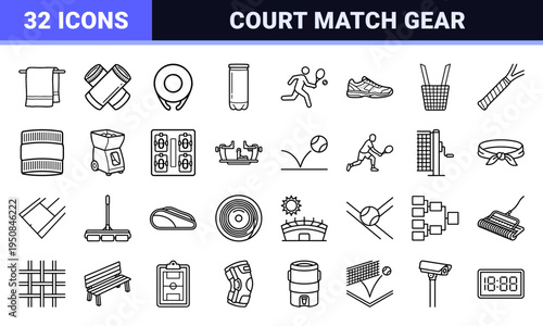 Minimalist tennis equipment and athletic gameplay monoline outline icons. Sleek professional visual elements with uniform stroke weight.