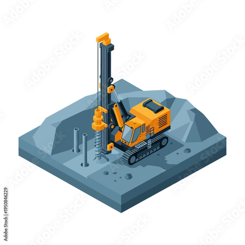 Isometric illustration of a construction drilling rig machine working on a site, installing piles into the ground.