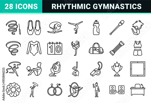 Neo-line art rhythmic gymnastics equipment and elegant athletic poses for competitive sports design and fitness branding.