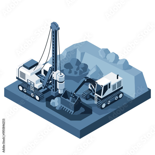 Isometric illustration of heavy construction machinery, including a drilling rig and an excavator, working on a mining site with piles of earth and rocks.