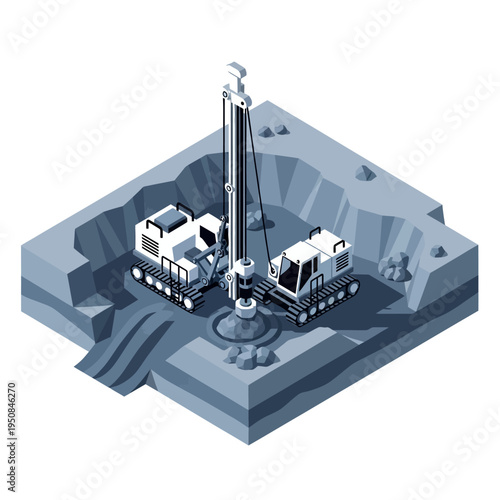 Isometric illustration of heavy machinery engaged in drilling operations within a quarry excavation site.