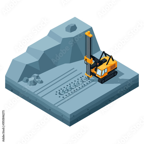 An isometric illustration of a drilling machine excavating a quarry, creating holes in the ground for blasting.