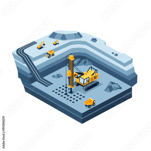 Isometric view of an open-pit mine with heavy machinery, including a drilling rig and dump trucks, excavating layers of earth and rock.