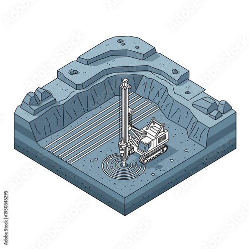 Isometric illustration of a drilling rig excavating a quarry, revealing layered rock formations and underground infrastructure.