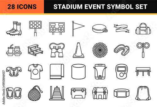 High School Sports and Stadium Culture Monoline Symbol Set Featuring Athletic Equipment and Game Day Concessions in Minimalist Line Art Style