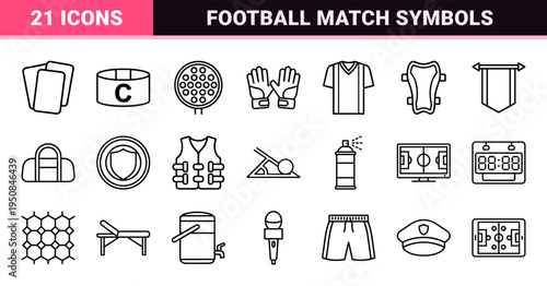 Soccer Championship Monoline Graphic Elements featuring Minimalist Football Equipment and Match Day Symbols in Professional Outline Style.