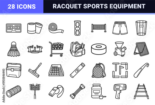 Minimalist monoline tennis equipment and racquet sports gear drawn with sleek uniform stroke architecture