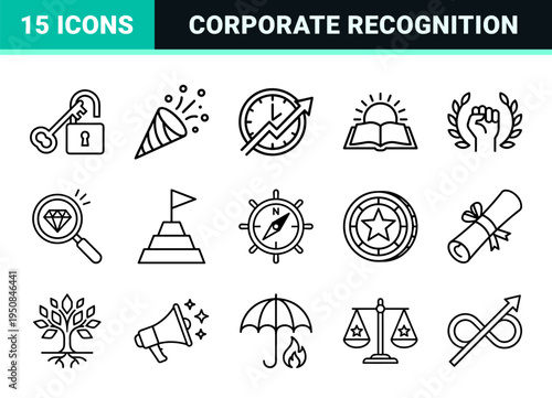 Minimalist monoline business achievement and corporate recognition symbols emphasizing utility and refined geometric outline aesthetic.