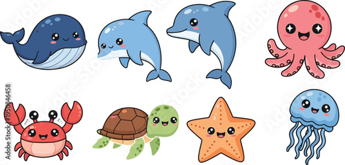 Kawaii Sea Animal Vector Collection Featuring Cute Whale Dolphin Octopus Crab Turtle Starfish and Jellyfish Characters for Underwater Theme Kids Digital Art and Creative Designs