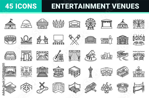 Entertainment venues and event space line art symbols for commercial mapping and ticketing UI featuring sleek technical monoline aesthetic.