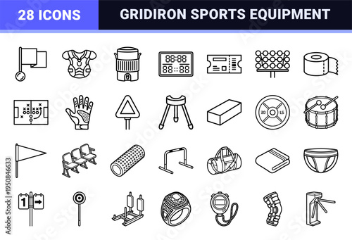 American football equipment and gridiron sports elements in a minimal monoline outline aesthetic for athletic design.