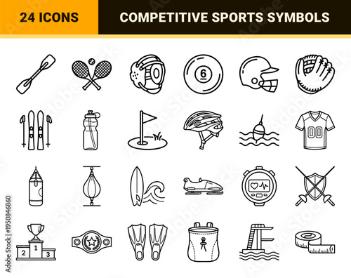 Professional Sports and Athletic Equipment Monoline Symbols Featuring Minimalist Vector Outlines for Competitive Games and Fitness Branding.