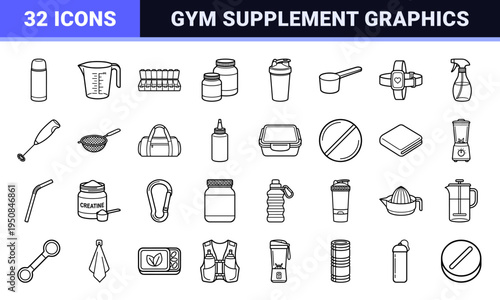 Protein Shaker Bottle and Nutrition Supplement Linear Graphics featuring Minimalist Monoline Outlines for Fitness and Bodybuilding Gear Design