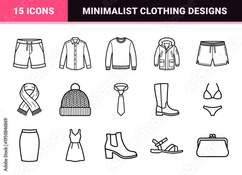 Minimalist monochrome line art apparel and fashion clothing visual elements featuring uniform stroke weight for retail commerce design