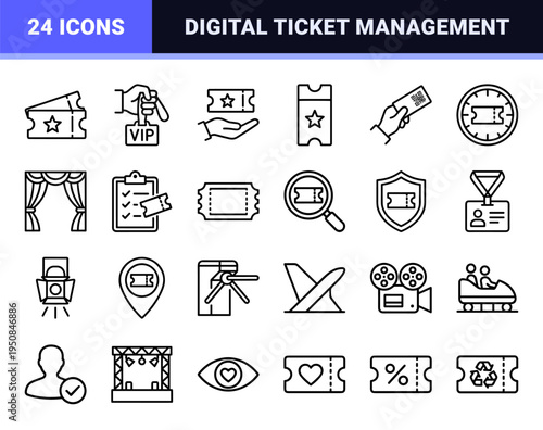 Monoline Event Access Symbols and Digital Ticketing Interface Elements featuring High-Clarity Outline Visual DNA for Professional Entry Control.