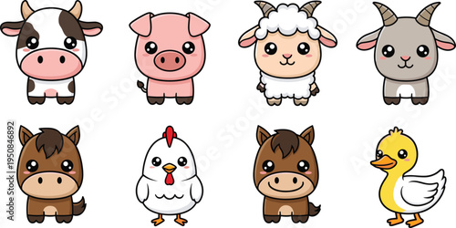 Kawaii Farm Animal Vector Collection Featuring Cute Cow Pig Sheep Goat Horse Chicken and Duck Characters for Kids Digital Art Education and Creative Design Projects