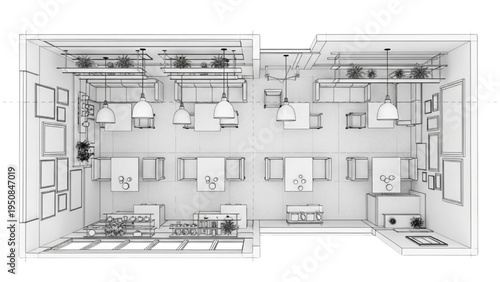 Modern Café Decor Layout with Hanging Pendant Lights, Wall Shelves, and Art Frames, Architectural Blueprint, CAD Interior Plan, Isolated on White Background