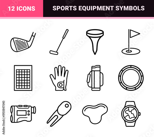 Golf Tournament Navigation and Sporting Equipment Monoline Outline Symbols Featuring Minimalist Flag and Course Management Visual DNA