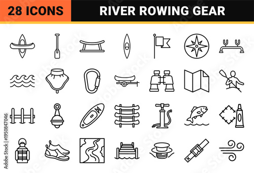 Outdoor Rowing and Canoeing Adventure Minimalist Monoline Symbols for Recreational Water Sports and Competitive Sculling Equipment Design.