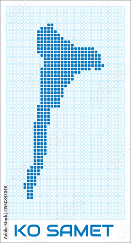 Ko Samet digital style map with blue rounded rectangle dots. Thailand. Dotted shape of the island. Ko Samet blue colored map and title on white background. Classy Vector Illustration.