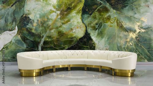A white couch with gold legs sits in front of a green wall
