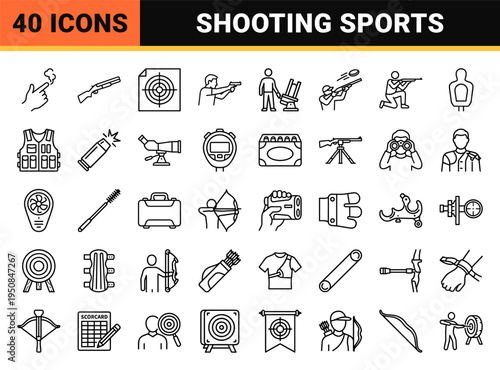 Professional Shooting Sports and Competitive Marksmanship Monoline Symbols Featuring Skeet Shooting Archery and Tactical Equipment Graphics