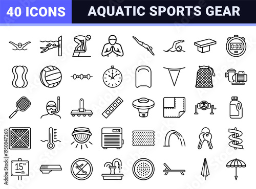 Competitive Swimming and Aquatic Center Monoline Symbols Featuring Professional Athlete Strokes and Pool Maintenance Technical Line Art Icons