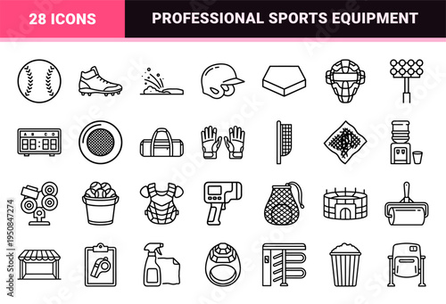 Professional Baseball Equipment Monoline Symbols for Athletic Branding and Sports UI Design Featuring Crisp Uniform Line Weight Graphics