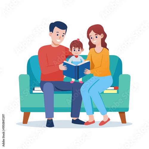 Loving parents gently reading a book to their young child while sitting together on a comfortable sofa, symbolizing family bonding and early ... See More