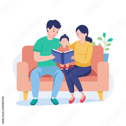 Loving parents gently reading a book to their young child while sitting together on a comfortable sofa, symbolizing family bonding and early ... See More