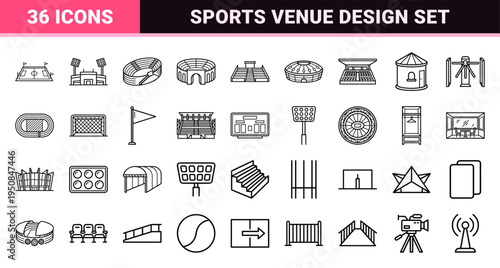 Stadium Architecture and Arena Infrastructure Monoline Icon Set for Sports Venue Wayfinding and Technical Engineering Documentation