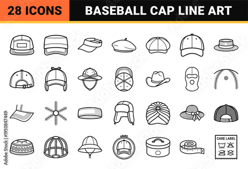 Professional Minimalist Headwear Line Art Set for Apparel Design and Retail Branding featuring Sleek Monoline Baseball Caps and Fashion Hats