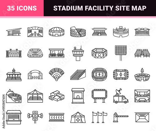 Professional Sports Arena Architecture Monoline Outline Symbols for Technical Stadium Schematics and Urban Planning Site Maps