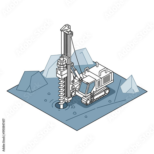 An isometric illustration of a tracked drilling rig operating on a rocky, uneven terrain, creating a bore hole.