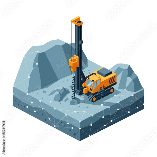 Isometric illustration of a drilling rig excavating a rocky terrain, showcasing advanced geological surveying technology.