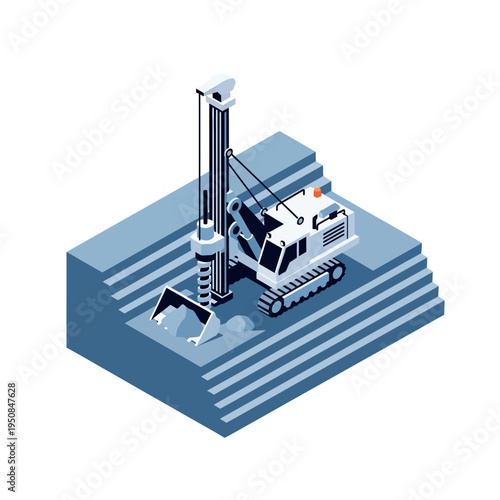 Isometric illustration of a drilling rig machine operating on a stepped construction site, excavating soil.