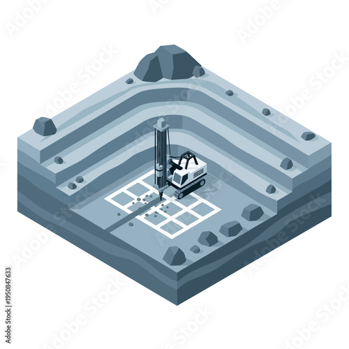 Isometric view of an open-pit mine with a drilling machine excavating the earth, showcasing layered geological strata and a grid for surveying.