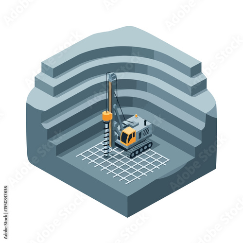 Isometric illustration of a drilling rig excavating a tiered pit, showcasing heavy machinery and geological layers in a construction or mining context.